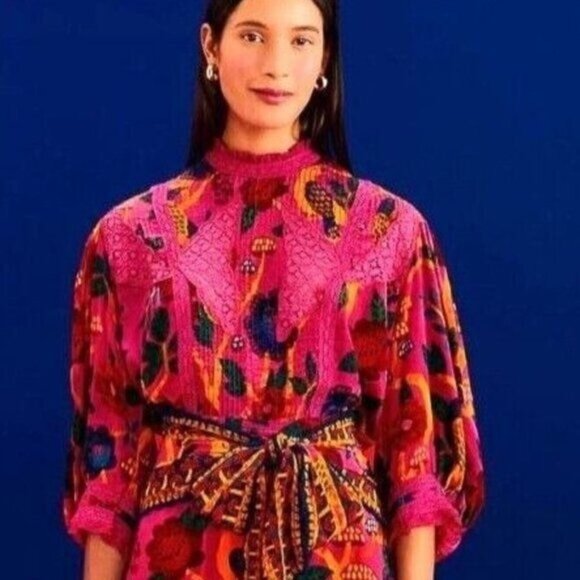 Farm Rio Blouse S Pink Sweet Forest Lace Tropical Floral High Neck Pin - Picture 2 of 15